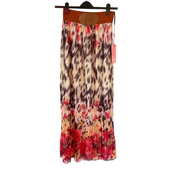 BNWT Wewa Women's Coral/Brown Floral Elasticated Waist Maxi Chiffon Skirt Sz 12 - Picture 3 of 16